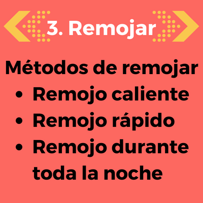 3. Remojar; Métodos de remojar; Remojo caliente; Remojo rápido; Remojo durante toda la noche